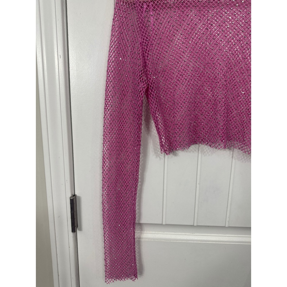 Pink Rhinestone Fishnet Mesh Crop Top Long Sleeve Medium Festival Rave Retro - Picture 3 of 6